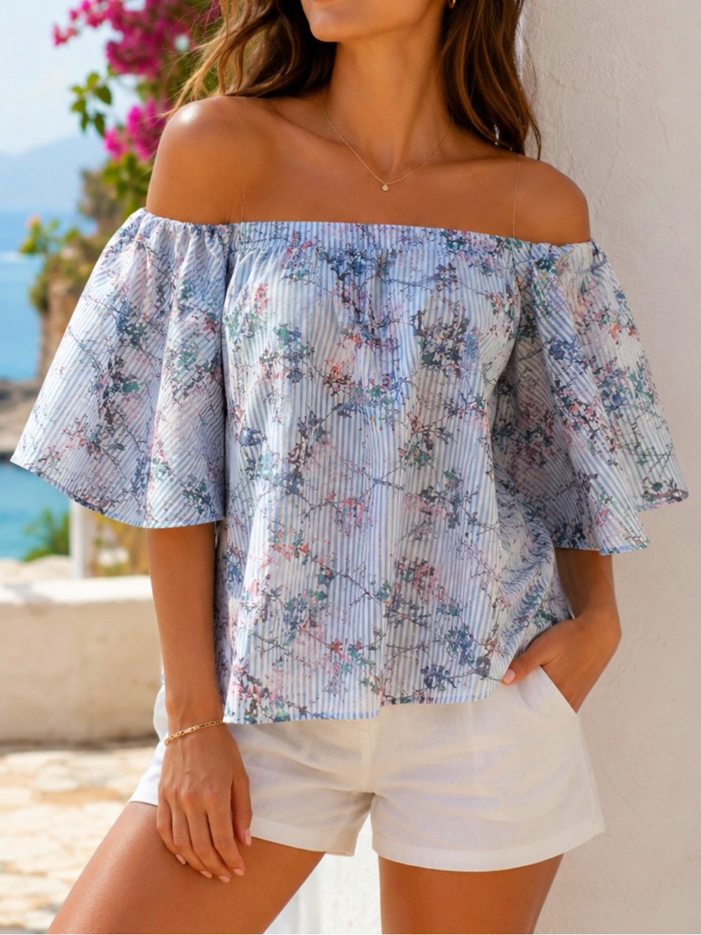 Banana Republic Off-Shoulder Floral Stripe Top in Light Blue
